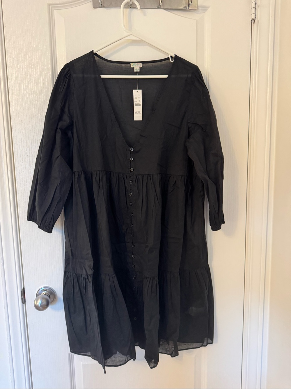 J. Crew Black V-Neck Button-Front Tiered Dress